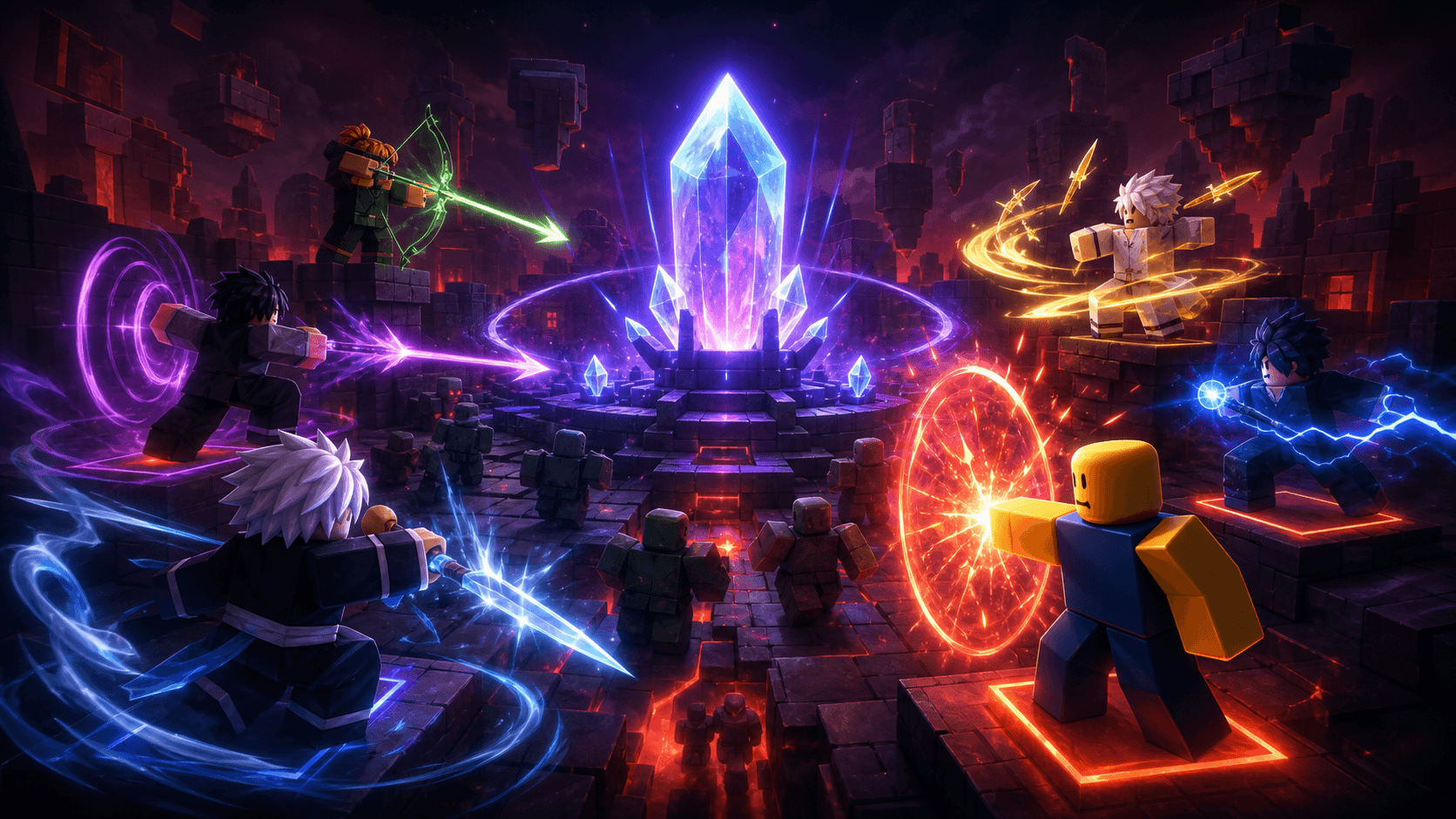 Roblox-style crystal defense arena with fighters using energy movesets