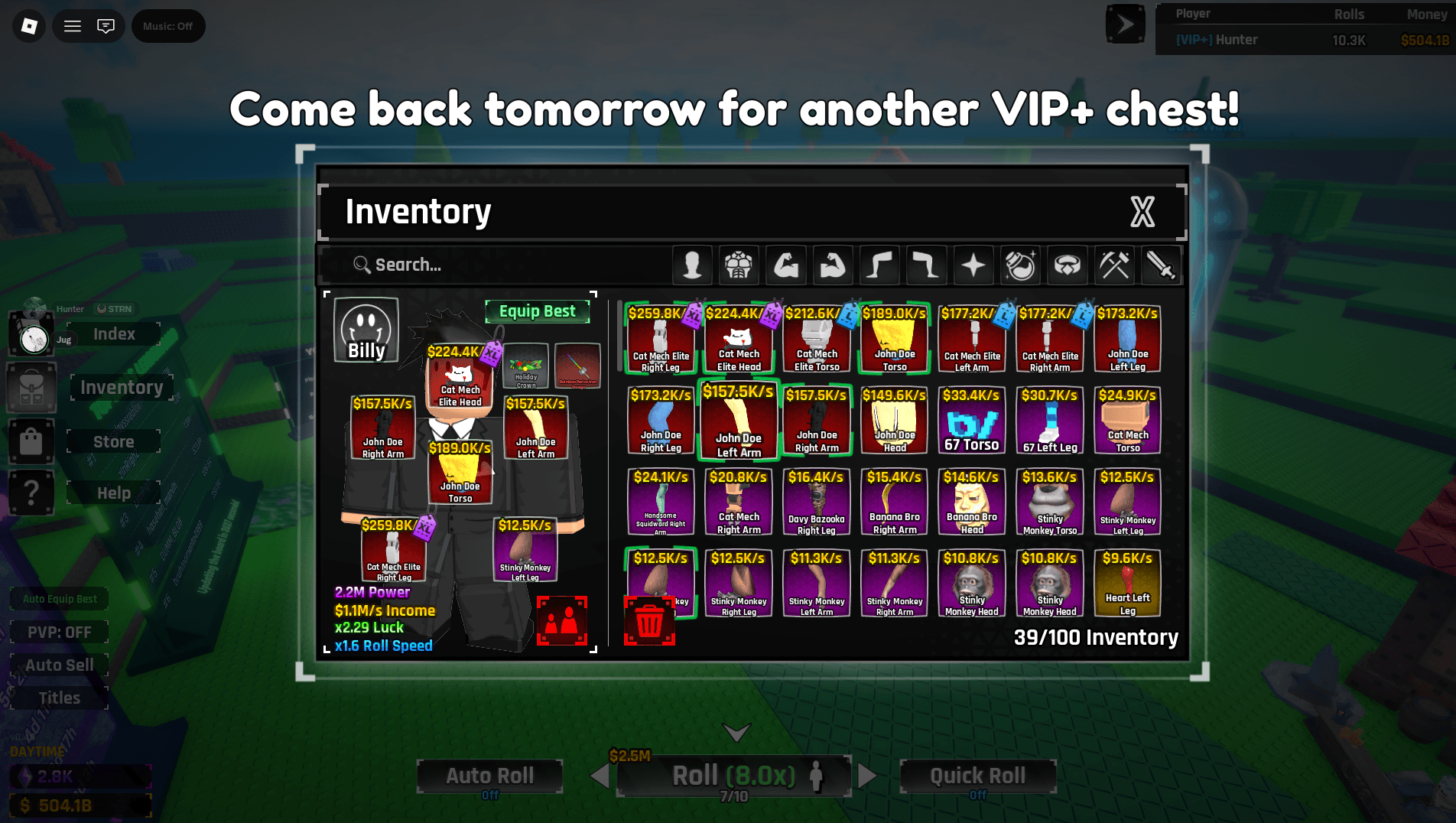 Roblox-style RNG reward scene with glowing body-part collectibles and rarity wheel