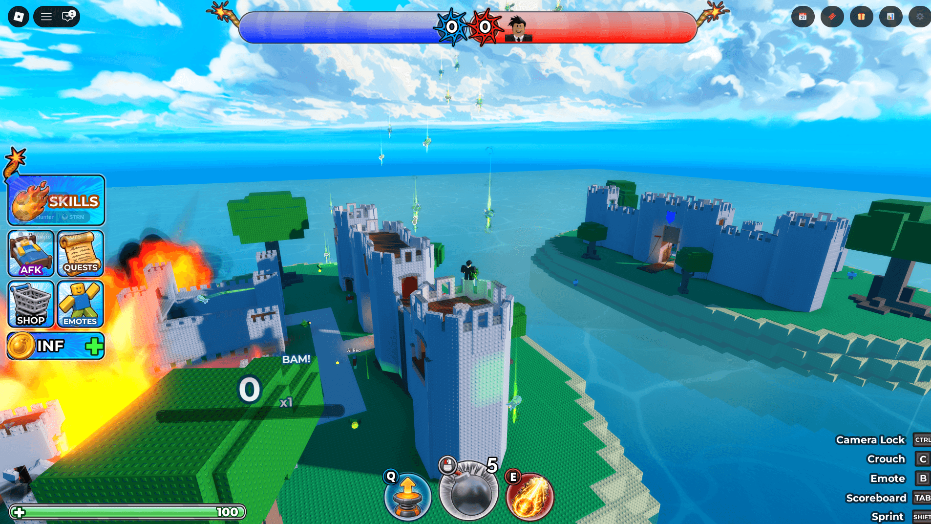Roblox-style floating island arena with arcing bombs and destructible terrain